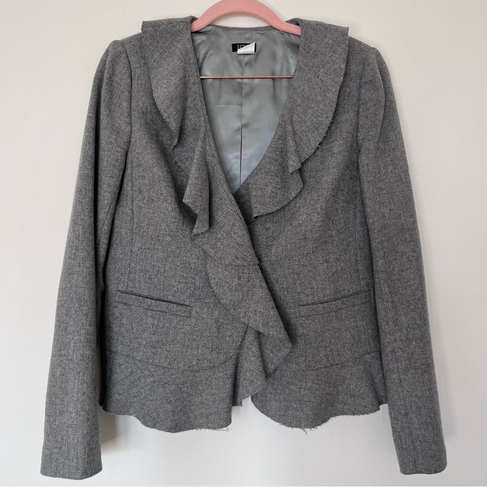 J. Crew Ruffle Blazer Gray Wool Raw Hem Size 4‎ Career Office Romantic Twee